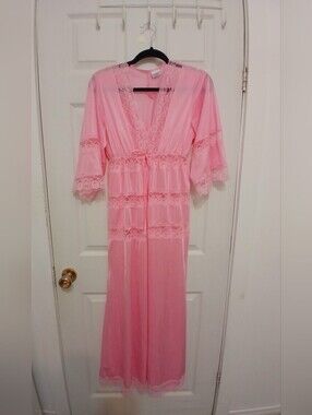 Vtg Bernette New York Pink Peignoir Set Nightgown and Robe With Lace Trim Medium